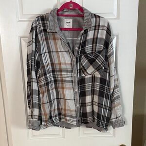 Aerie Plaid Button Down Shirt - Black, White, Brown